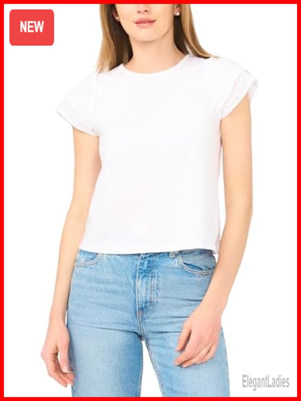 Cotton Double Ruffle Sleeve Knit Top Crew Neck Tee